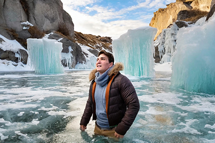 man walking in ice